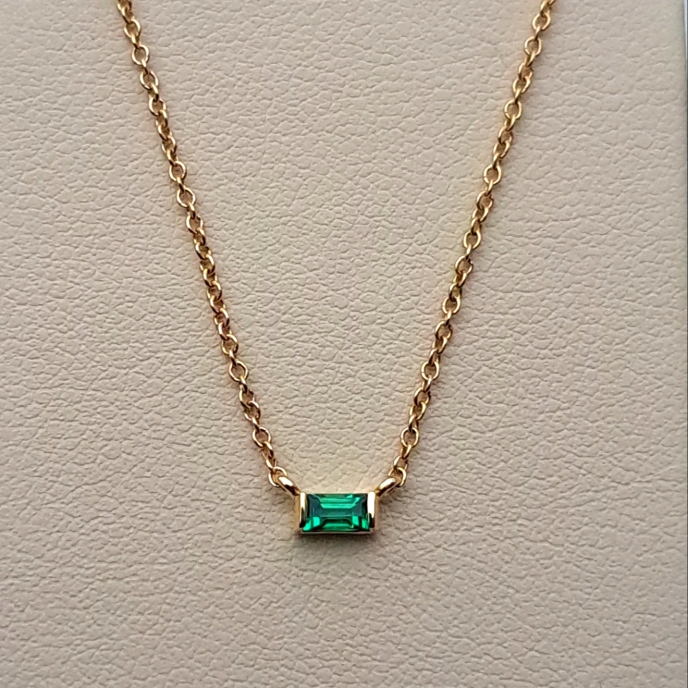 SOLD Emerald Baguette Solitaire Pendant, Adjustable Necklace, 16-18 inches